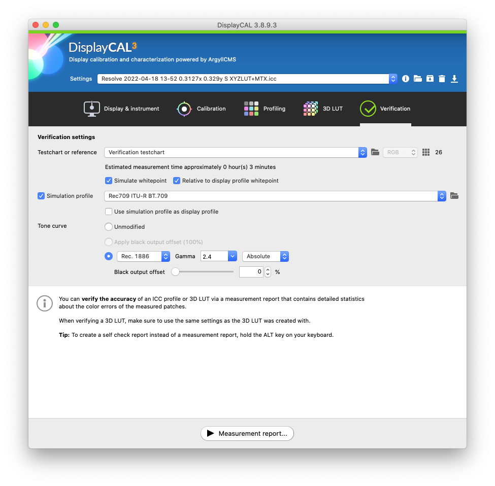 Verification after 3D LUT creation for Resolve DisplayCAL